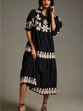 Anthropologie black and cream embroidered dress